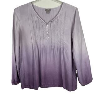 J JILL 100% Silk Popover Blouse Top Size L Petite Purple Ombre Pintuck Classic